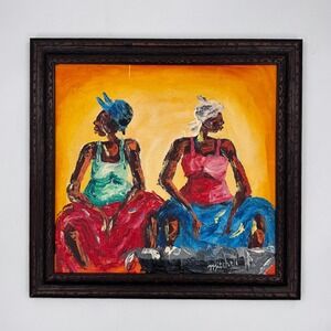Vintage Modern Expressionist Figural Painting of Two Women in Carved Frame